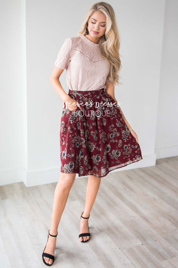 burgundy floral skirt