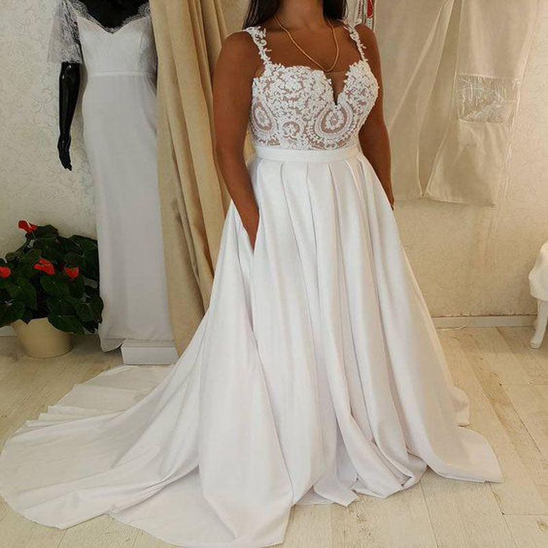 Low Back Spaghetti Straps Lace Bodice Beach Wedding Bridal Dresses Typ0500