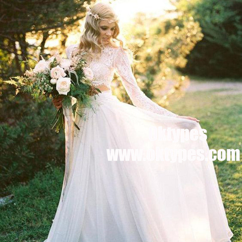 2 Pieces Lace Top Chiffon Skirt Romantic Country Wedding Dresses