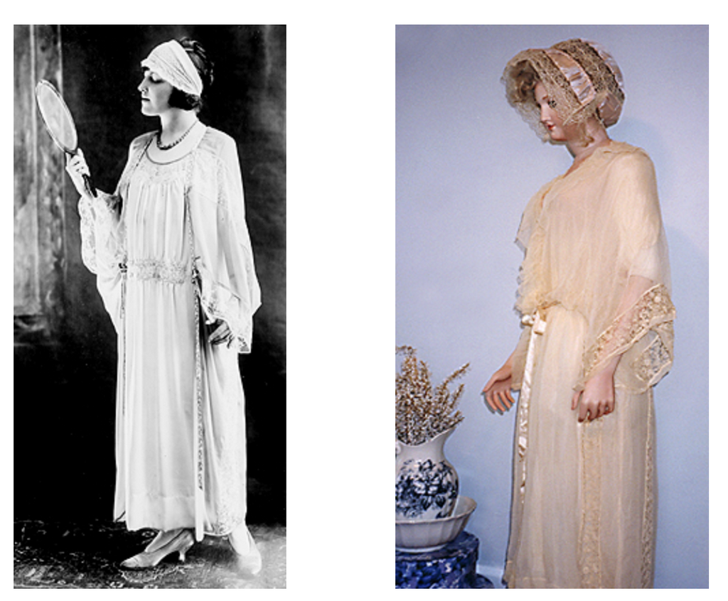 2 women wearing fashion forward nightgowns of the 1920's with lace trim