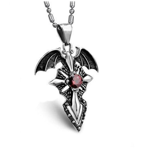 Silver-Plated Winged Sword Red Zirconia Necklace