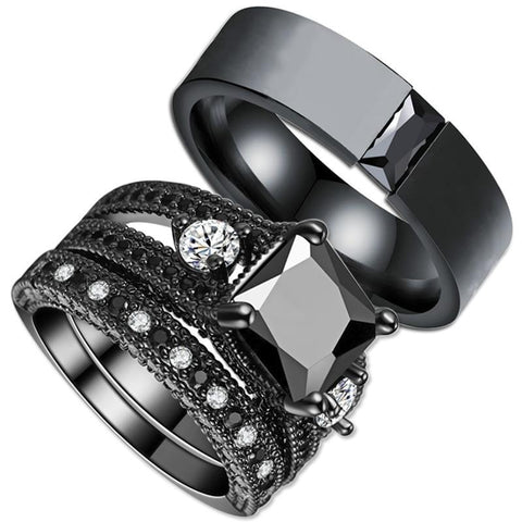 Tension & Solitaire Set Black Zirconia Tungsten Carbide Rings 3pcs Set