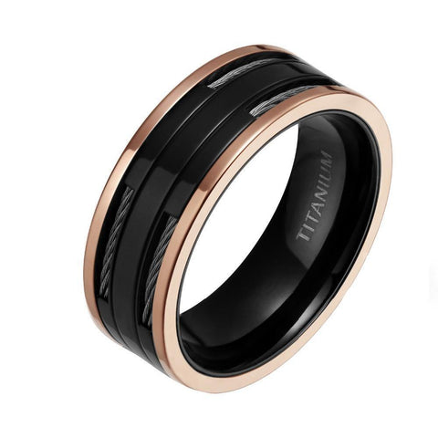 Rose Gold & Black Cable Accent Titanium Ring