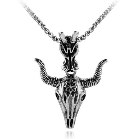 Floral Horned Goat Skull Stainless Steel Necklace