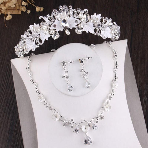 Foliage Crystal Pearl Stainless Tiara Set