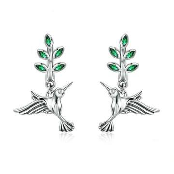 Sterling Silver CZ Leaf Humming Bird Huggie Earrings
