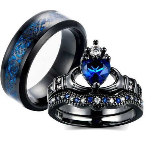 Sapphire Blue CZ Claddagh Celtic Dragon Black Tungsten Ring 3pcs Set