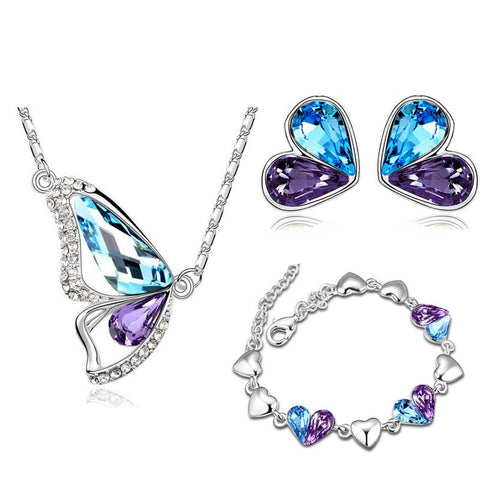 Heart Butterfly Colored Austrian Crystal Stainless 3PC Jewelry Set (3 Available Colors)