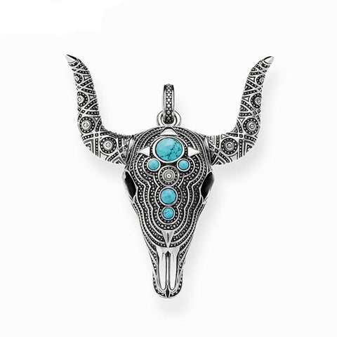 Beaded Horned Bull Skull Turquoise Silver Necklace