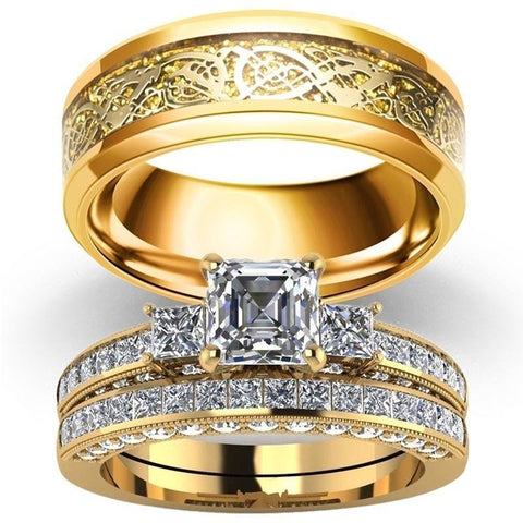 Gold Plated Celtic Knot CZ Pavé Tungsten Carbide Ring 3pcs Set