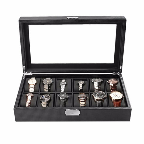 Twelve Compartment Black Carbon Fiber Watch Display Case