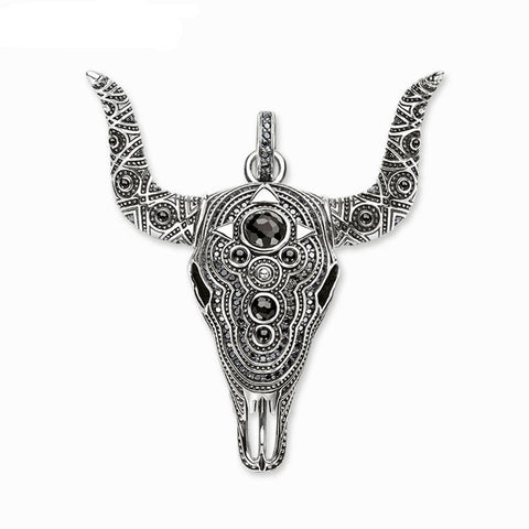 Beaded Horned Bull Skull Black Silver Necklace