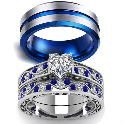 Two-Tone Blue & White CZ Tungsten Carbide Ring 3pcs Set