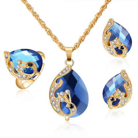 3PC Gold Plated Colored Pear-Cut Zirconia Jewelry Set (5 Available Colors)