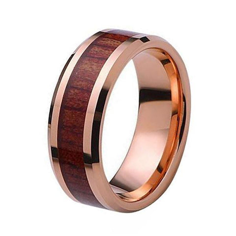 Dark Stain Koa Wood Inlay Rose Gold Tungsten Carbide Ring