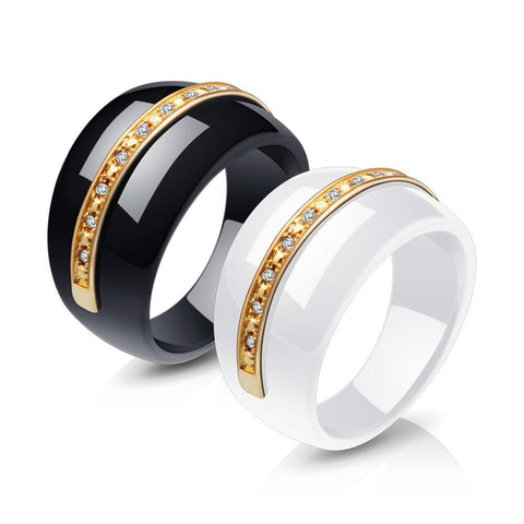 Zirconia Paved Gold Inlay Ceramic Ring Set (2 Available Colors)