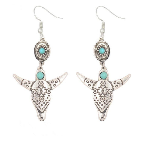 Silver-Plated Ethnic Engraved Horned Goat Fish Hook Earrings