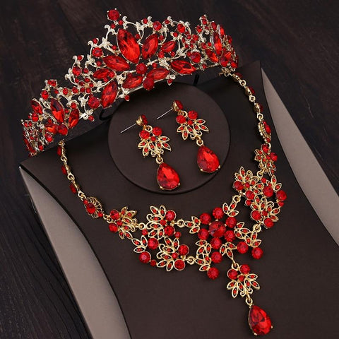Baroque Sapphire Red Crystal Gold Stainless Tiara Set