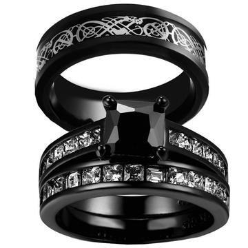 Celtic Dragon Inlay CZ Black Tungsten Carbide Ring 3pcs Set