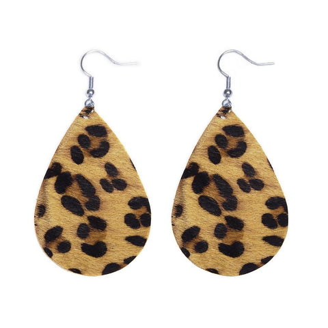Leopard Print Leather Drop Fish Hook Earrings