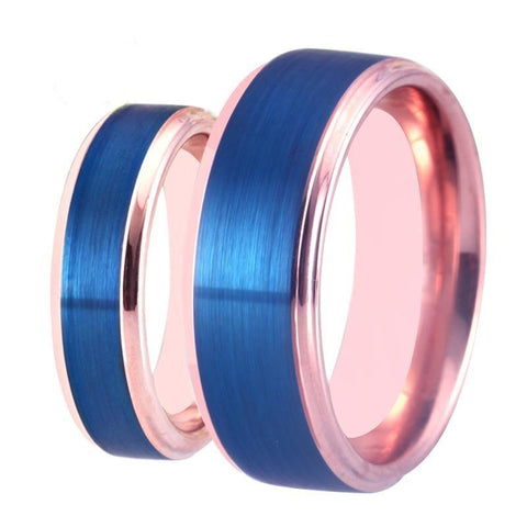 Pipe Cut Soft Brushed Blue & Rose Gold Tungsten Carbide Ring