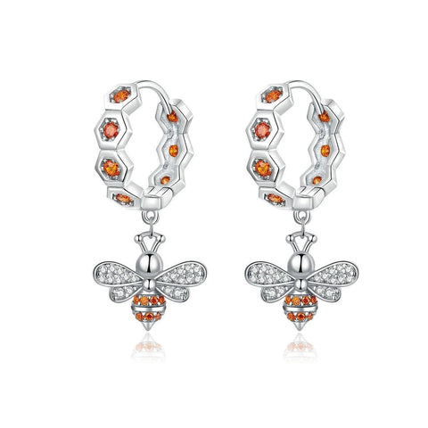 Sterling Silver Bee Orange Zirconia Huggie Earrings