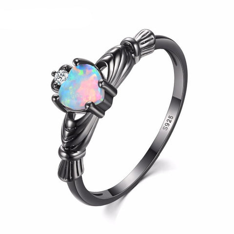 Black Plated Sterling Silver Heart Opal Claddagh Ring