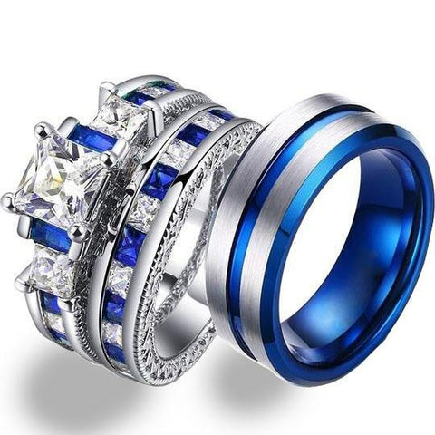 Blue & White CZ Two-Tone Tungsten Carbide Ring 3pcs Set