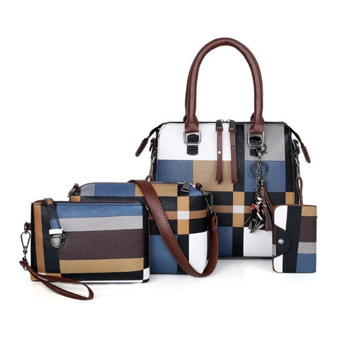 4PC Set Parti-colored Checked PU Leather Bag (5 Available Colors)