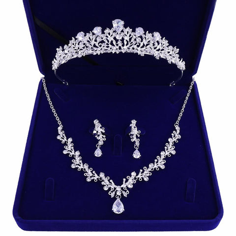 Floral Leaf Zirconia Teardrop Stainless Tiara Set (2 Available Color)