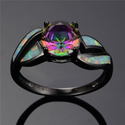 Round Cut Zirconia Opal Resin Split Shank Black Gold Filled Ring