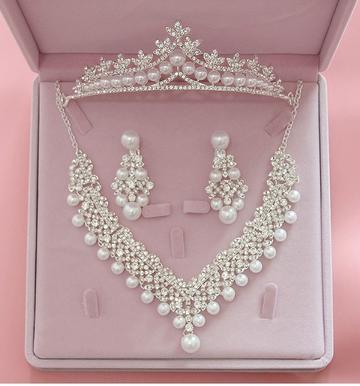 3PC Pearl & White Zirconia Wishbone Tiara Set