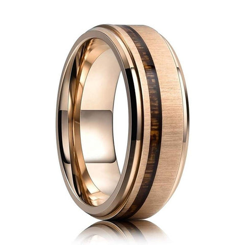 Dark Wood Channel Dual Polish Rose Gold Tungsten Carbide Ring