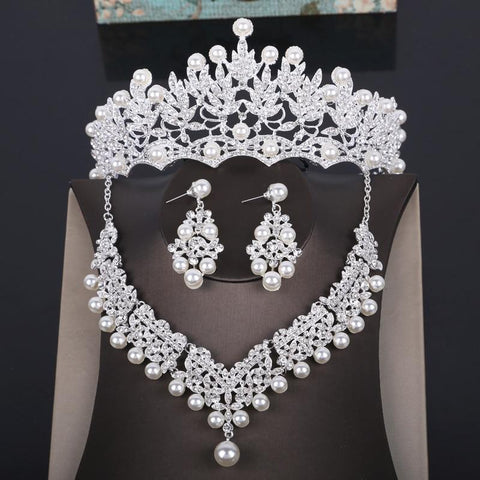 High Crown Pearl Crystal Leaf Stainless Tiara Set