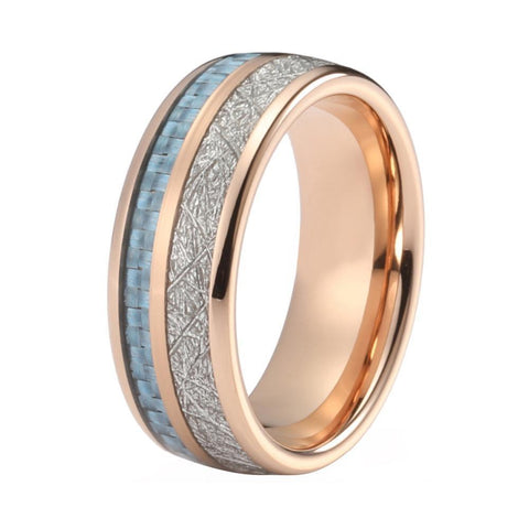 Carbon Fiber & Silver Ice Inlay Rose Gold Tungsten Ring