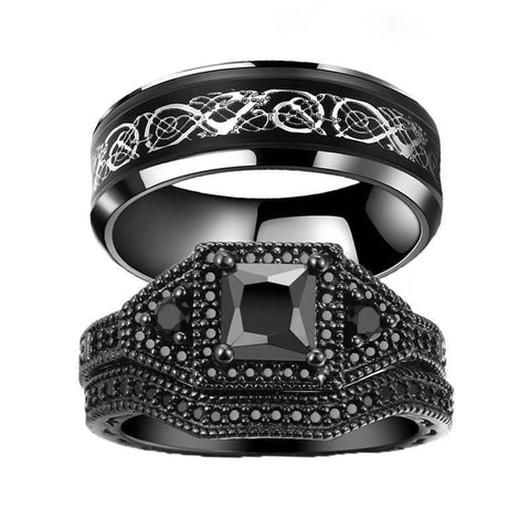 Black Princess Cut CZ & Celtic Knot Black Tungsten Ring 3pcs Set