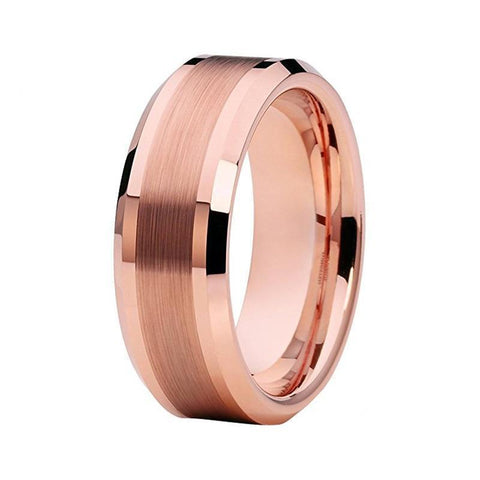 Flat High Bevel Brushed Rose Gold Tungsten Carbide Ring