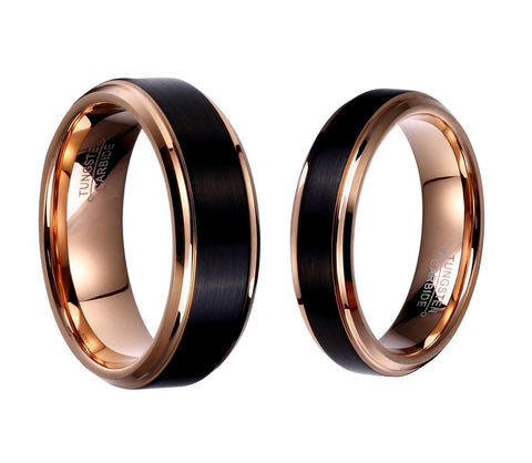 Flat Step Bevel Brushed Black & Rose Gold Tungsten Carbide Ring Set