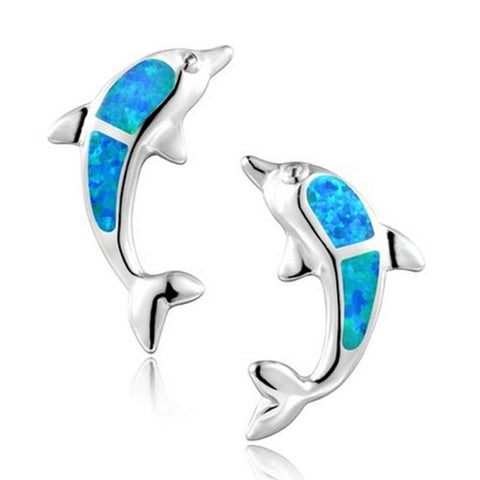 Silver Plated Opal Enamel Dolphin Stud Earrings