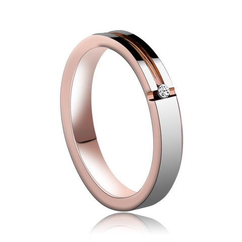 Dual Finish Silver & Rose Gold Round Zirconia Tungsten Ring