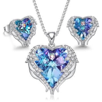 Coloured Winged Heart 2PC Earrings & Necklace Set (10 Available Colors)