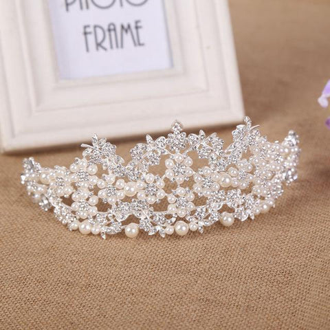 Flower Bloom Zirconia Pearl Bridal Tiara