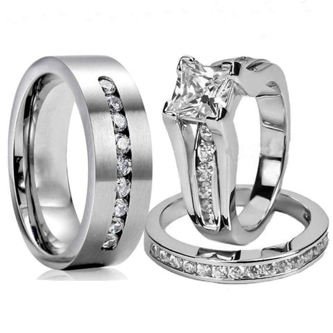 Princess-Cut CZ Titanium Wedding Ring 3pcs Set