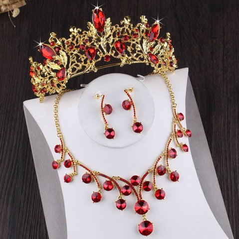 Red Sapphire CZ Gold Tone Stainless Tiara Set