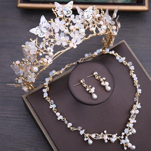 White Floral & Butterfly Zirconia Gold Tone Stainless Tiara Set
