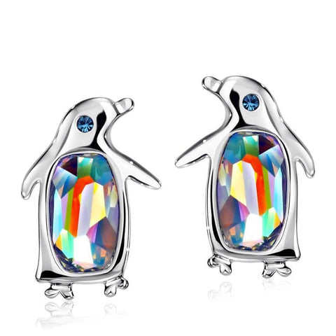 Platinum Plated Rainbow Crystal Penguin Stud Earrings (3 Available Colors)