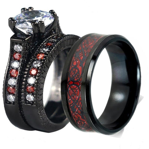 Four Prong Red & White CZ Celtic Knot Black Tungsten Carbide Ring 3pcs Set