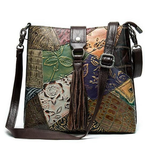 Vintage Floral Craved Patchwork Cross Body Leather Bag