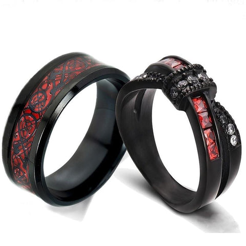 Celtic Knot Red Black &White Pavé Bow Black Tungsten Ring Set