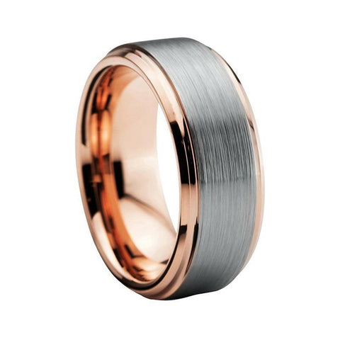 Beveled Brushed Silver & Rose Gold Tungsten Carbide Ring